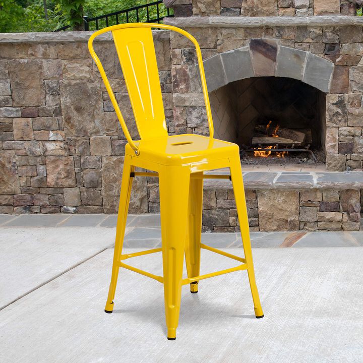 Flash Furniture Commercial Grade 24" High Yellow Metal Indoor-Outdoor Counter Height Stool with Removable Back