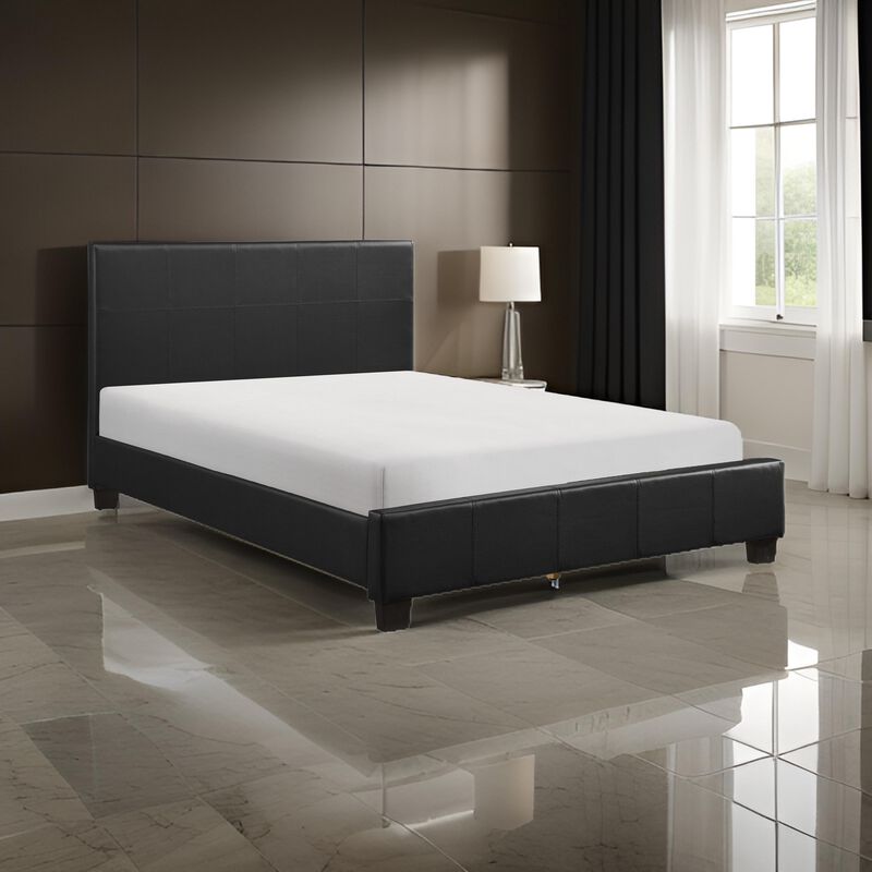 Renz Queen Size Platform Bed, Black Faux Leather Upholstery, Wood Frame - Benzara