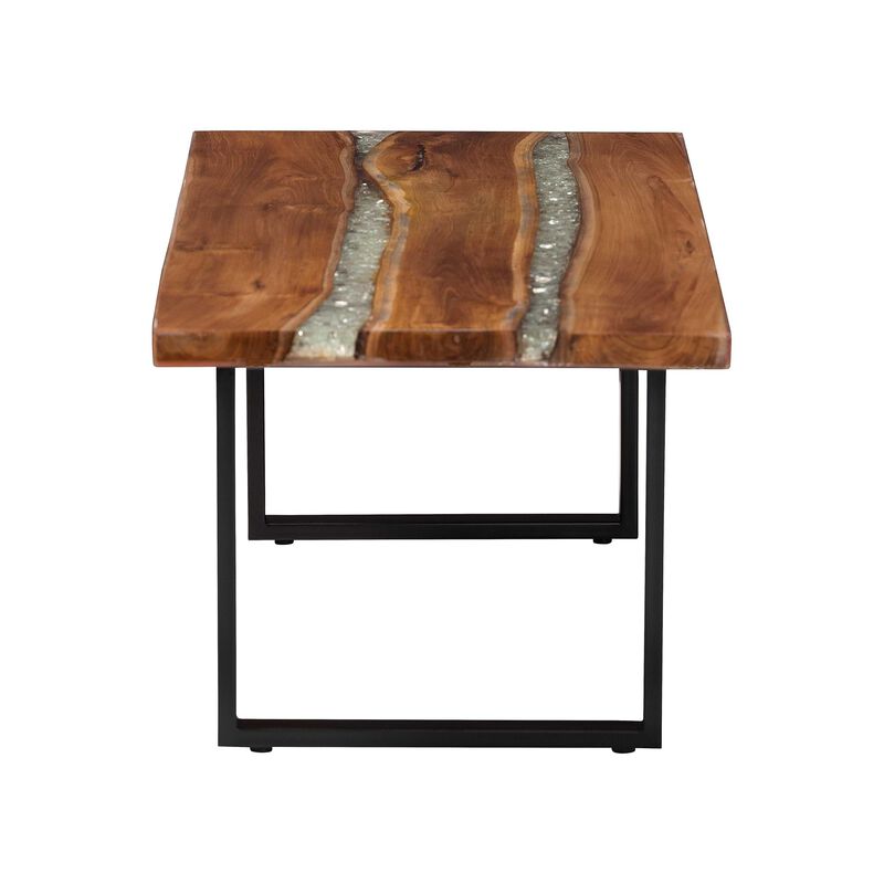 bali & pari Apio Wood Epoxy Resin Coffee Table with Glass Inlay - Rectangular Live Edge Teak wood Accent Table with Black Metal Base, Modern Rustic Centerpiece image number 3