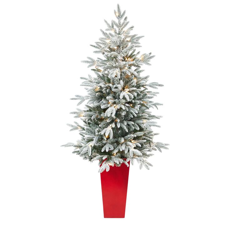 Nearly Natural 5-ft Flkd Manchester Spruce Xmas Tree n Red Tower Planter