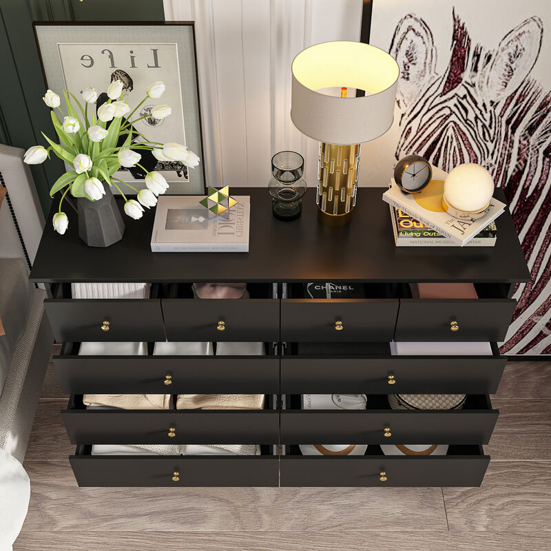 Black 10-Drawers Wood Double Chest of Drawer 55.1 in. W x 15.7 in. D x 35.4 in. H Dresser Organizer