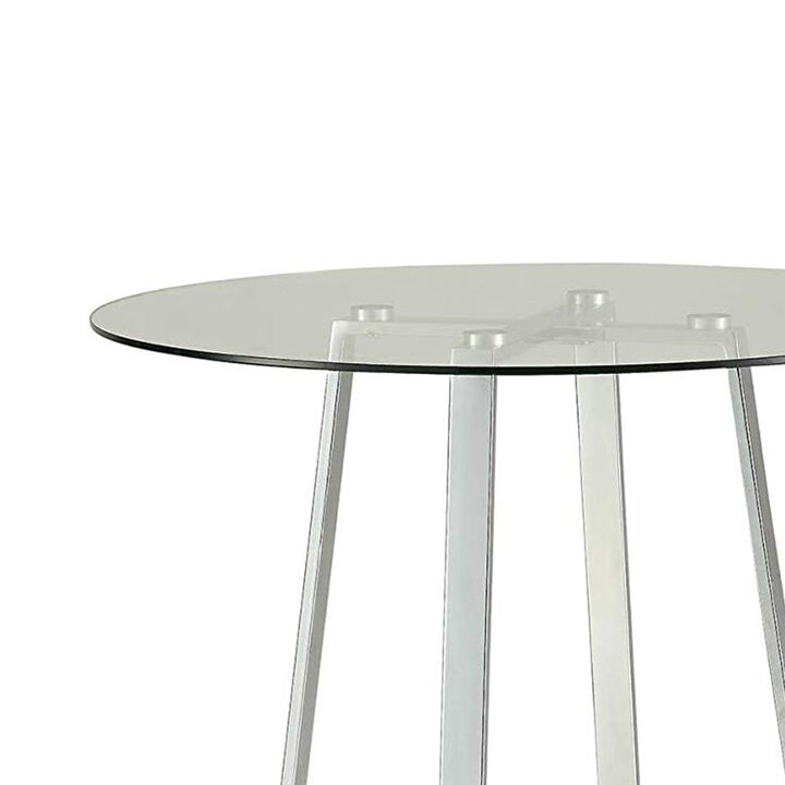 Round Glass Top Metal Frame Bar Table with Angled Legs, Silver and Clear - Benzara