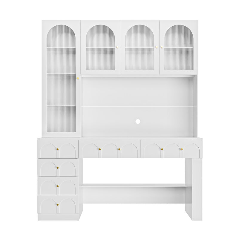 FUFU&GAGA 4-Glass Door Office Desk with 6-Drawer Metal Handles and Magazine Rack 63''L x 23.6''W x 78.7''H White image number 0