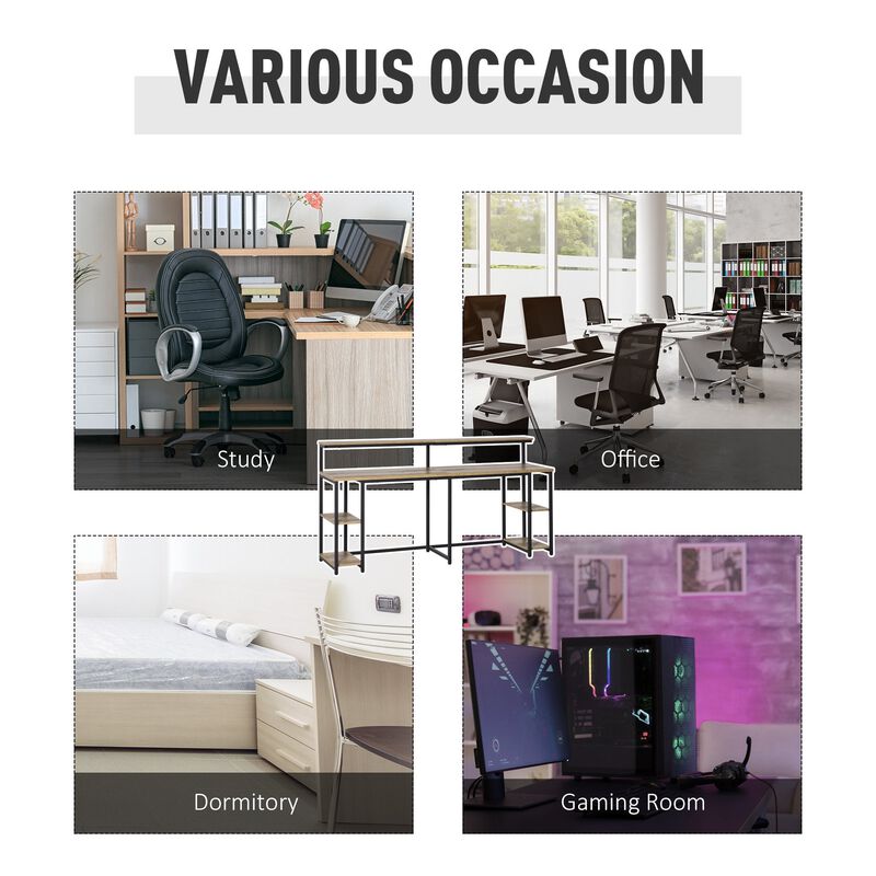 Black/Light Brown Workspace: 2-Person Desk with Monitor Rack and Shelves