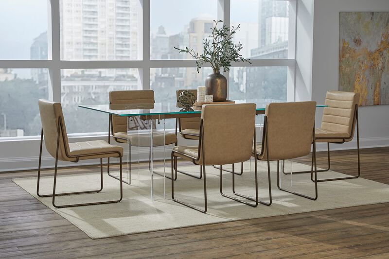 Moorea Double Pedestal Rectangular Dining Table in Clear Acrylic, Glass and Bronze Metal