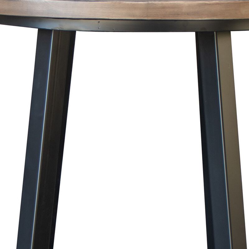 Rome 25 Inch End Table, Black Wrought Iron Base, Brown Solid Pine Wood-Benzara