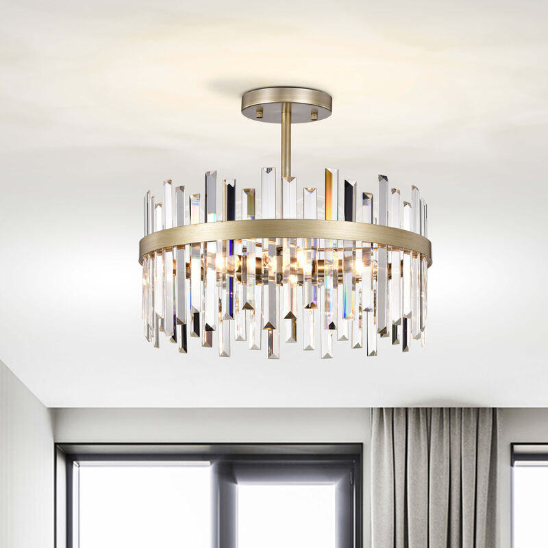 Ariel 18.5" 5-light Brushed Silver-ish Champagne Drum Crystal Prism Flush Mount image number 1