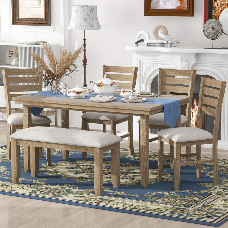 Whisen 6-Piece Rustic Wood Dining Set with 4 Chairs and Bench - Gray