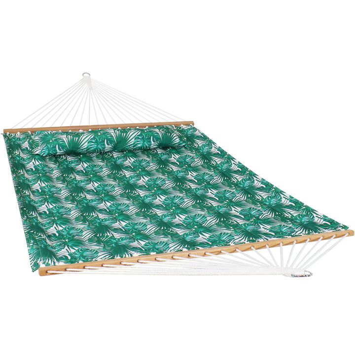 Sunnydaze Large Quilted Hammock with Spreader Bar and Pillow - Palm Leaves