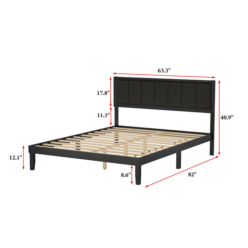 FUFU&GAGA Modern Upholstered Solid Wood Bed Frame in Black, Rubberwood Platform Bed with Padded Linen Headboard and Plywood Slats, Queen Size, (82" L x 63.3" W x 40.9" H),Black