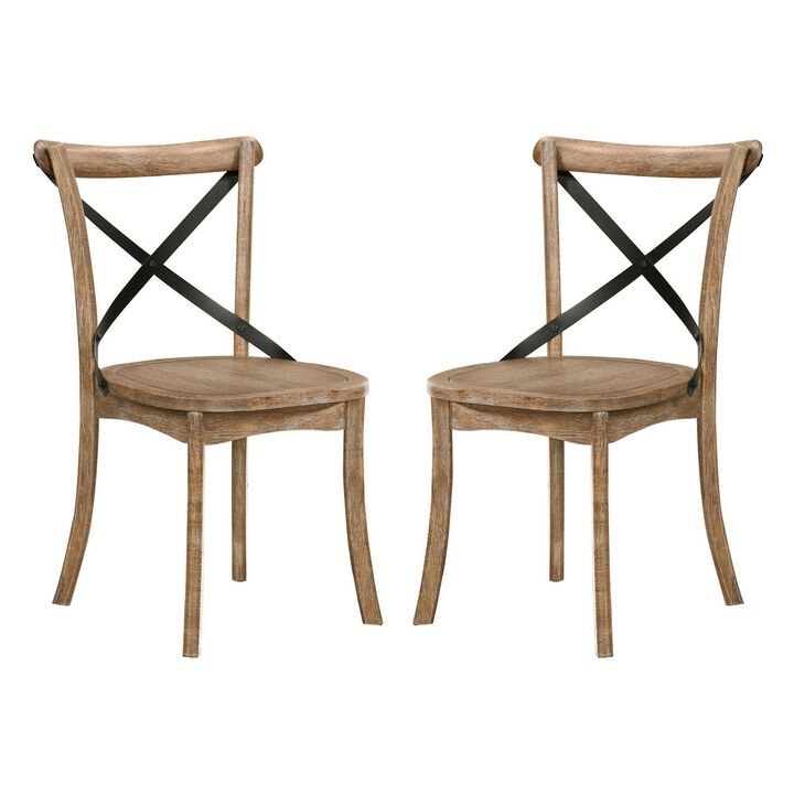 Wood and Metal Side Chair with X Open Back, Set of 2, Rustic Brown and Black-Benzara