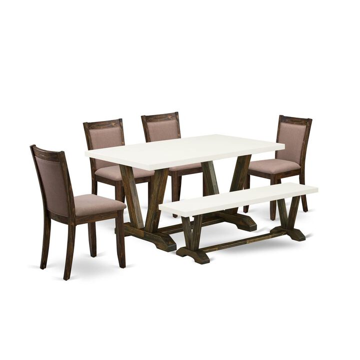 V726MZ748-6 - 6-Pc Dining Set - 4 Parson Dining Chairs, a Dining Bench and 1 Dining Table (Distressed Jacobean Finish)