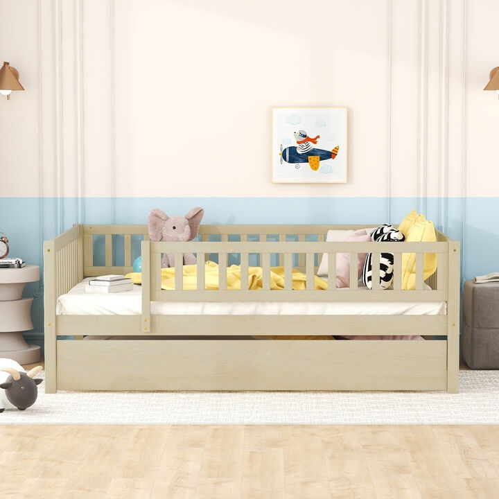 Whisen Full Size Wood Daybed with Trundle & Guardrails, Solid Wood & MDF Low Profile Bed for Kids Bedroom