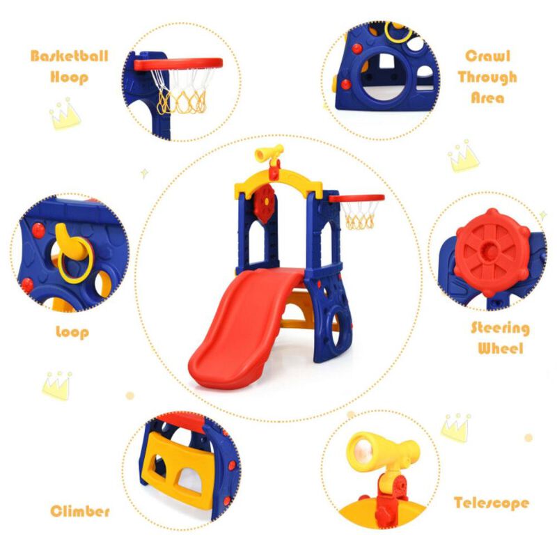 Hivvago 6-in-1 Freestanding Kids Slide with Basketball Hoop and Ring Toss