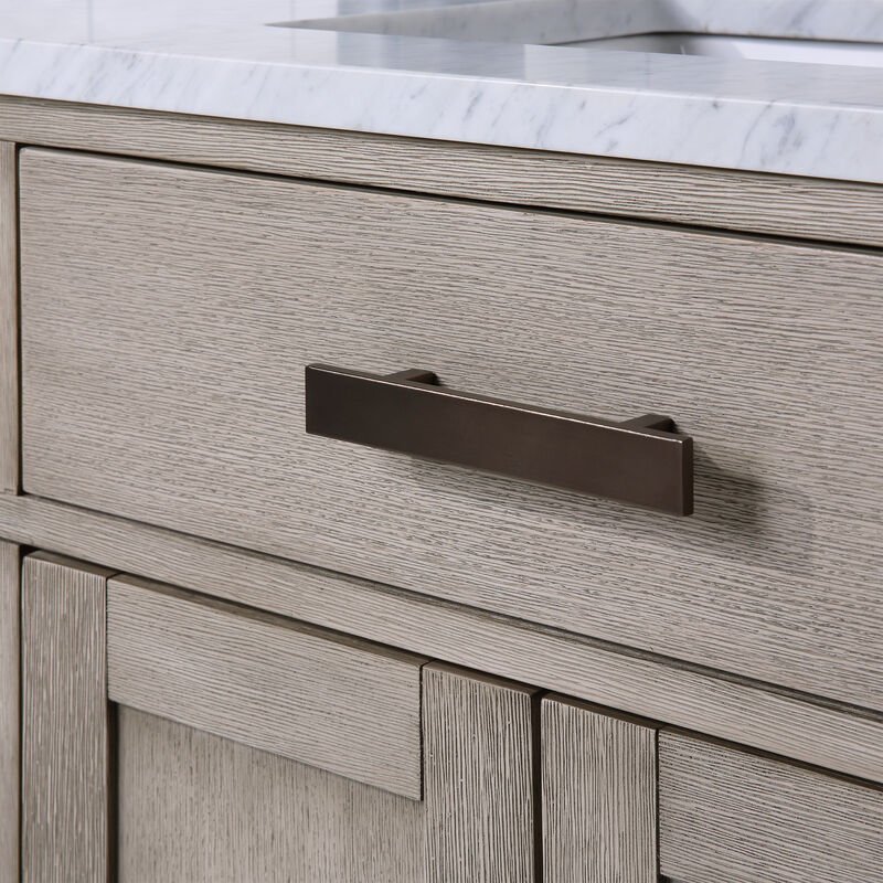 Chestnut 60 In. Double Sink Carrara White Marble Countertop Bath Vanity In Grey Oak with Oil Rubbed Bronze Hardware