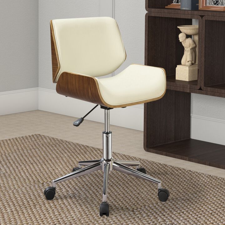 Contemporary Small Back Home Office Chair, Beige/Walnut-Benzara