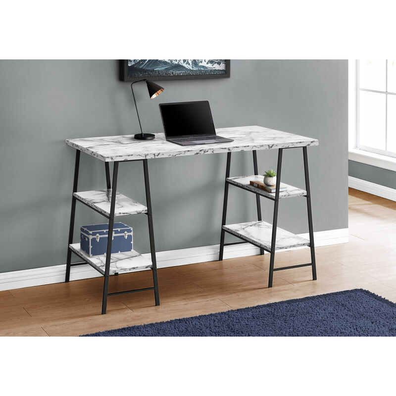 Monarch Specialties I 7527 Computer Desk, Home Office, Laptop, Storage Shelves, 48"L, Work, Metal, Laminate, White Marble Look, Black, Contemporary, Modern
