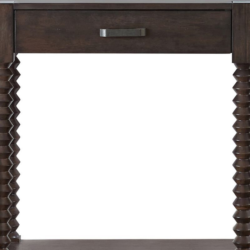 Mika 54 Inch Classic 2 Drawer Sofa Table with Shelf, Spindle Posts, Brown-Benzara image number 4