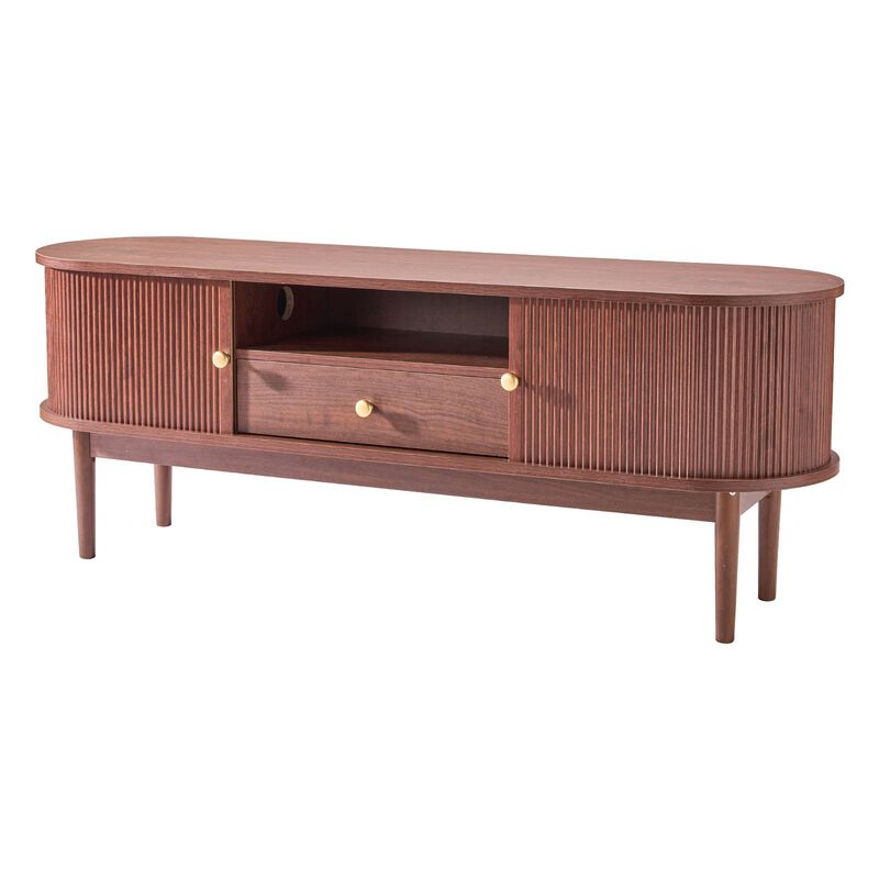 Mid Century TV Stand for TVs up to 58 Inch with Drawer and Storage Shelves-Brown image number 3