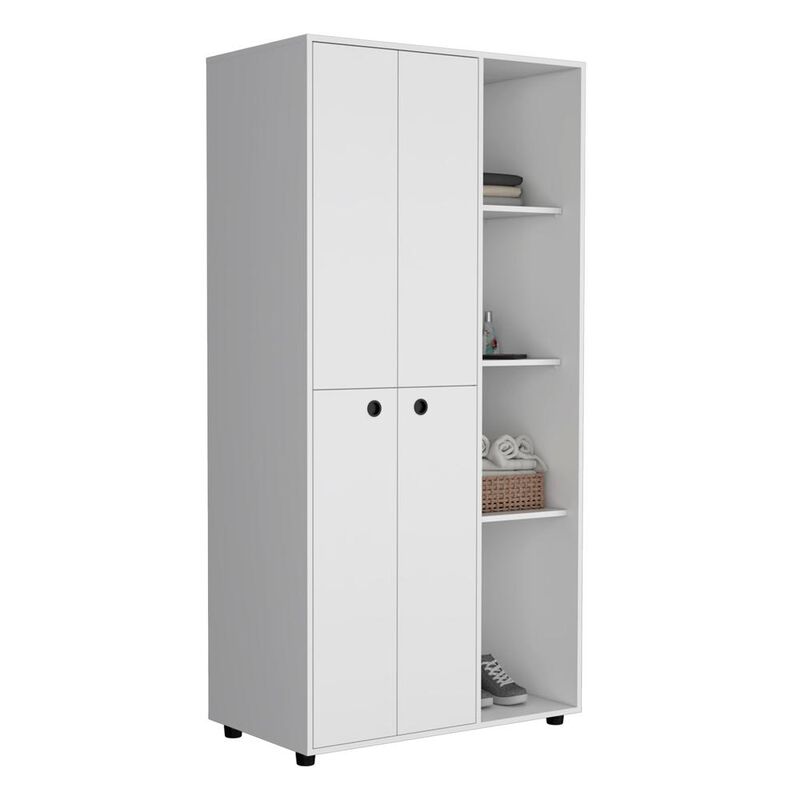 Armoire with 2-door Storage with Metal Rods, Drawer, 3 Open Shelves, White