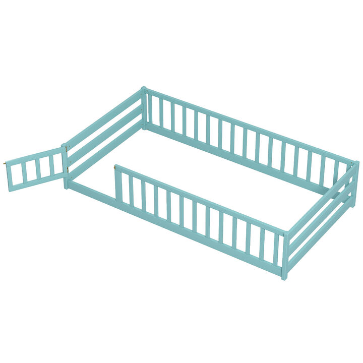 Twin Size Wood Montessori Floor Bed for Kids with Safety Fence and Door