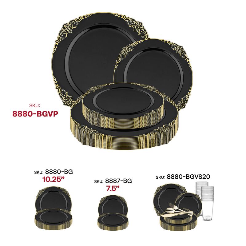 Black with Gold Fancy Round Plastic Dinnerware Value Set (120 Sets) image number 6