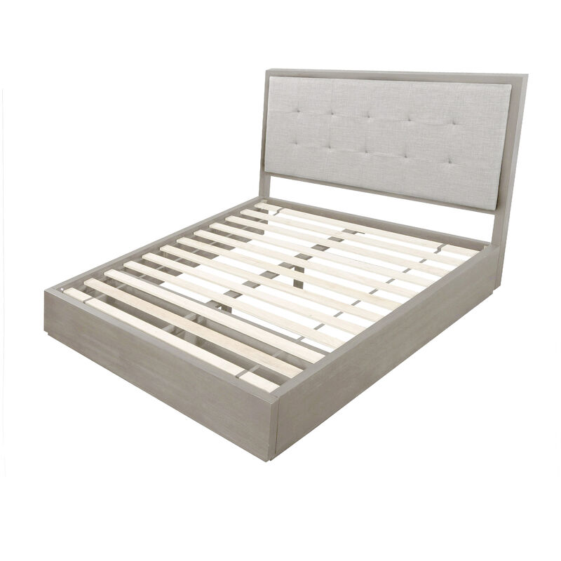 Kim Upholstered Solid Wood Platform California King Bed with Storage, Gray - Benzara