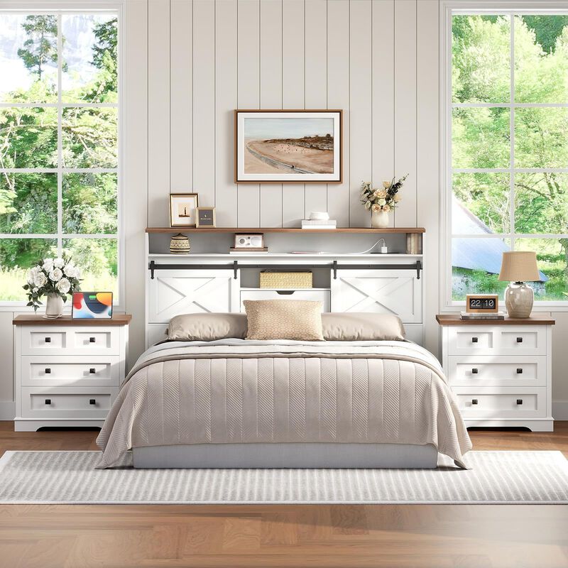 Farmhouse Side Table Nightstand with 3 Drawers and Charging Station image number 5