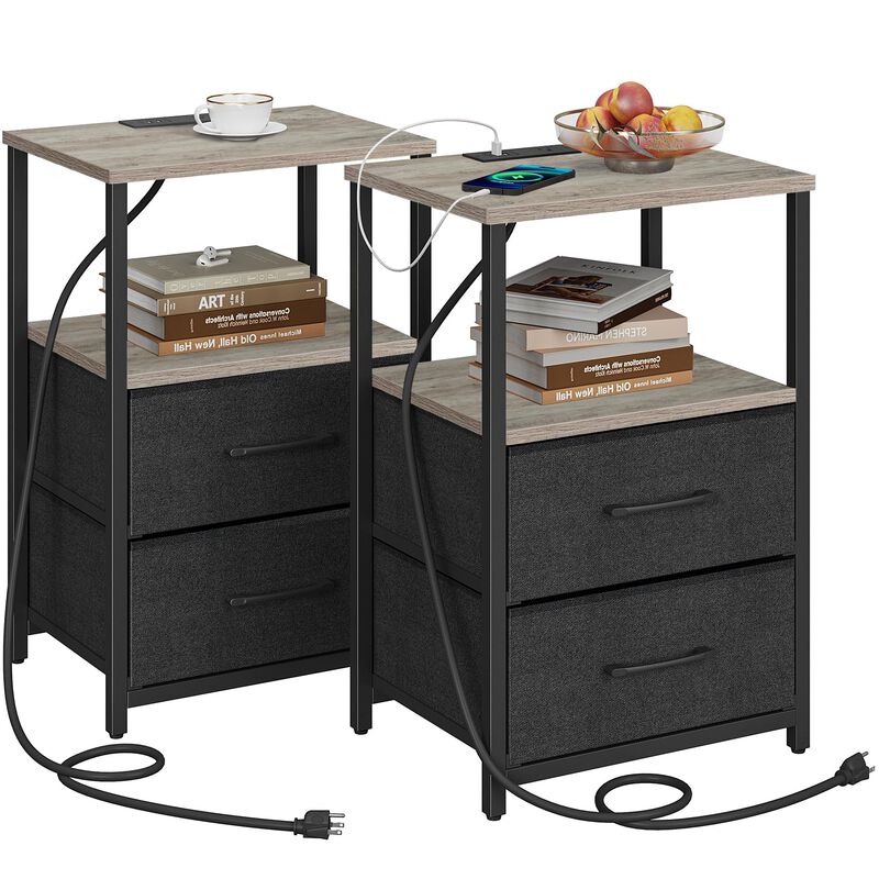 TUTOTAK End Table with Charging Station, Side Table with 2 USB Ports and Outlets, Nightstand with Cloth Drawer, Set of 2, Couch