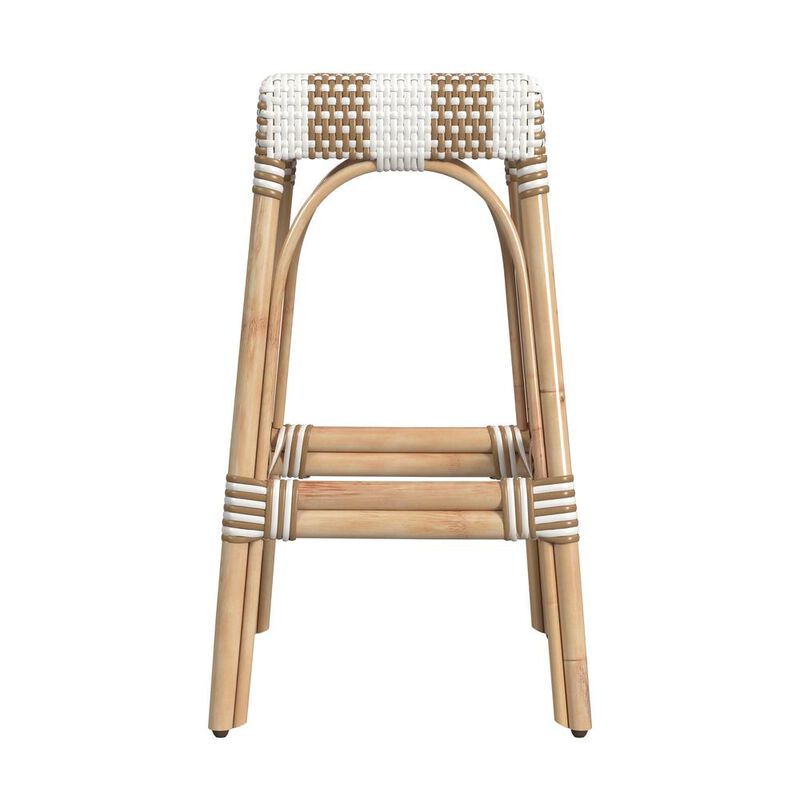 Butler Specialty Robias Rectangular Rattan 30 Bar Stool, Tan and White Stripe
