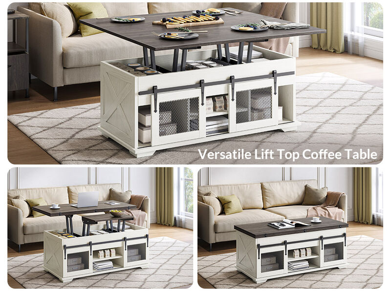 BELLEZE Lift Top Coffee Table, 44" Farmhouse Coffee Table with Storage & Sliding Barn Doors, 3 in 1 Multi-Function Coffee Table for Living Room, Dining Reception Room, Lawson - White Sand
