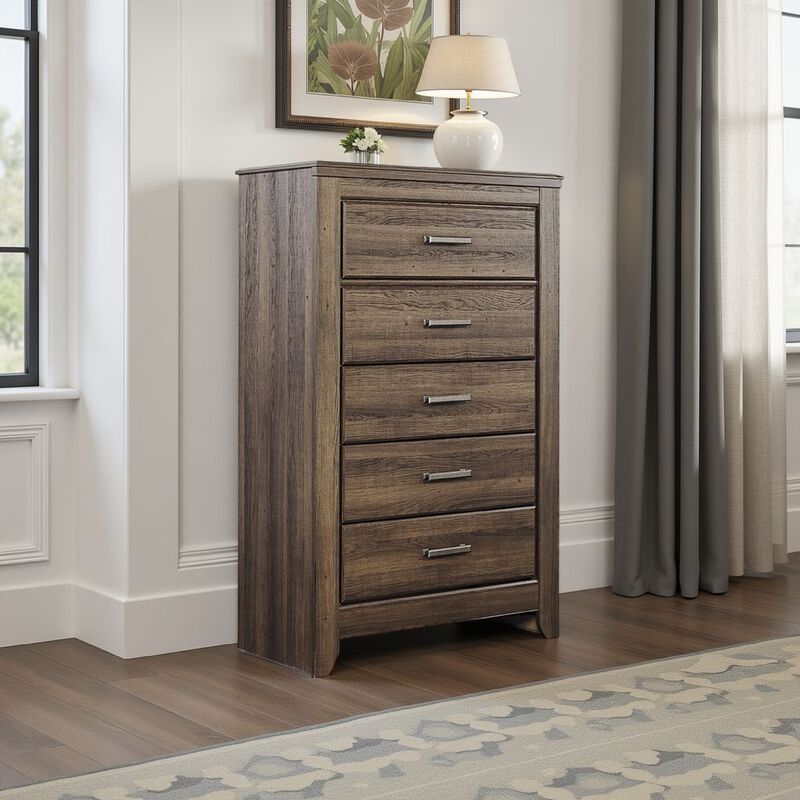 Rye Tall Dresser Chest, 5 Drawers, Modern Classic Laminate Dark Brown - Benzara
