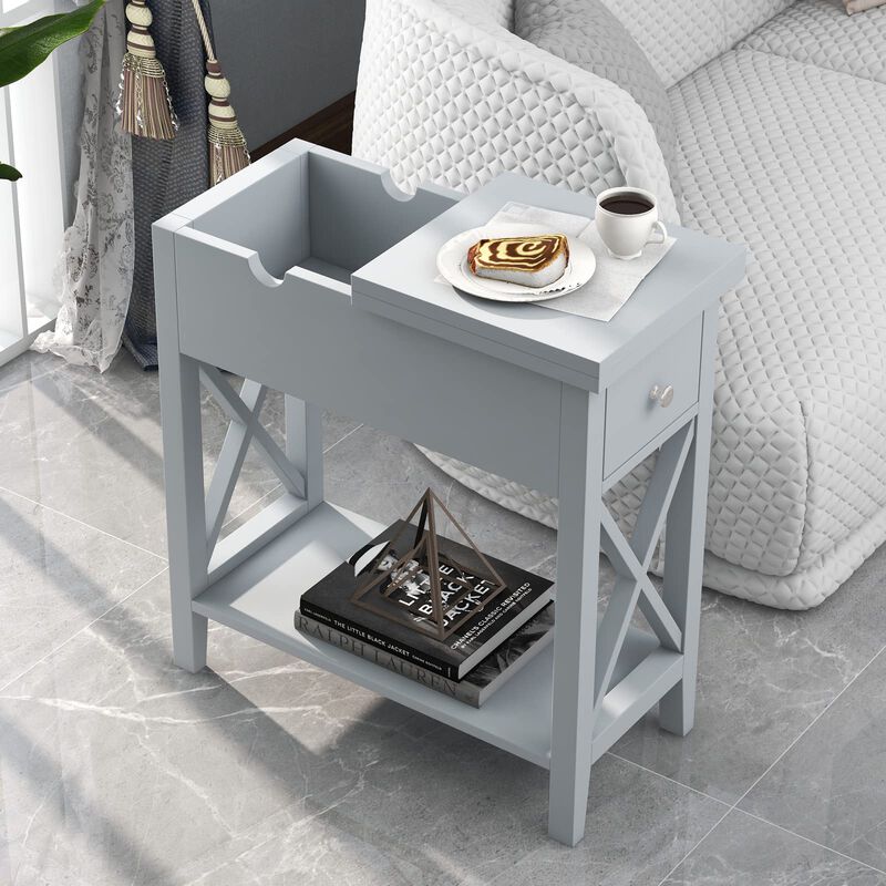 ChooChoo End Table, MDF Material Flip Top Narrow End Table with Drawer, Accent Small Side Table Nightstand for Living Room, Bedr
