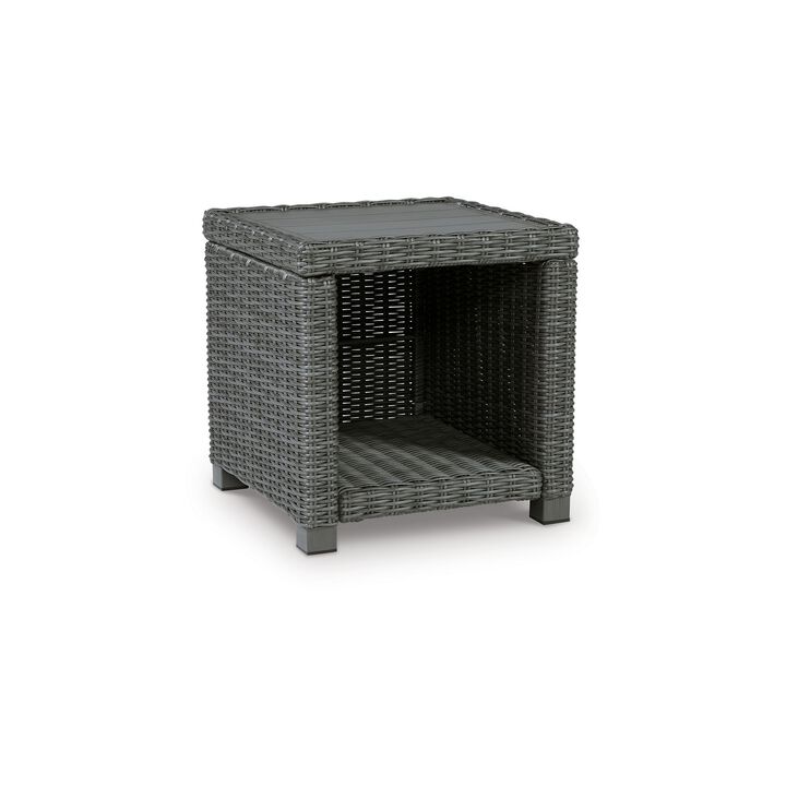 Ellie 23 Inch Outdoor End Table, Lower Shelf, Gray Resin Wicker, Metal - Benzara