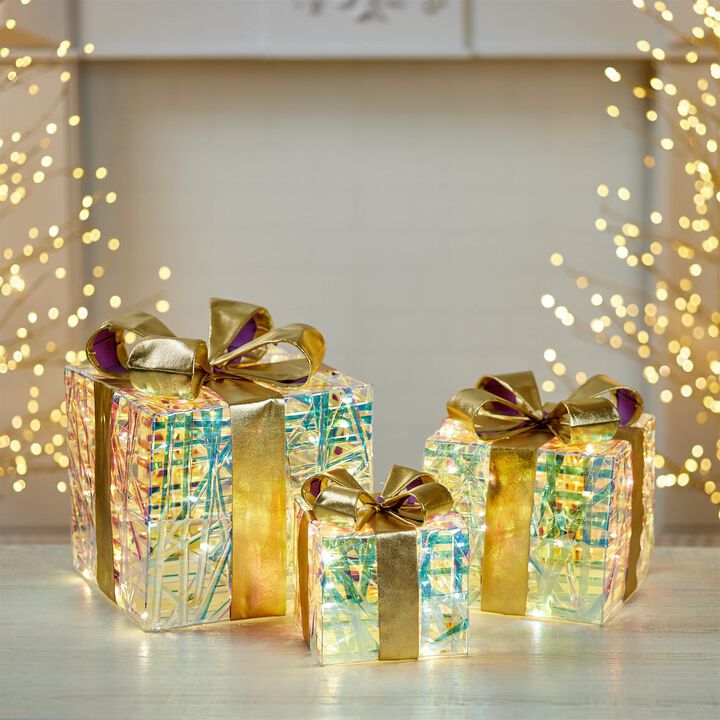 Woven LED Christmas Gift Boxes (Set of 3) – Pre-Lit Holiday Package Decorations with Ribbon Bows