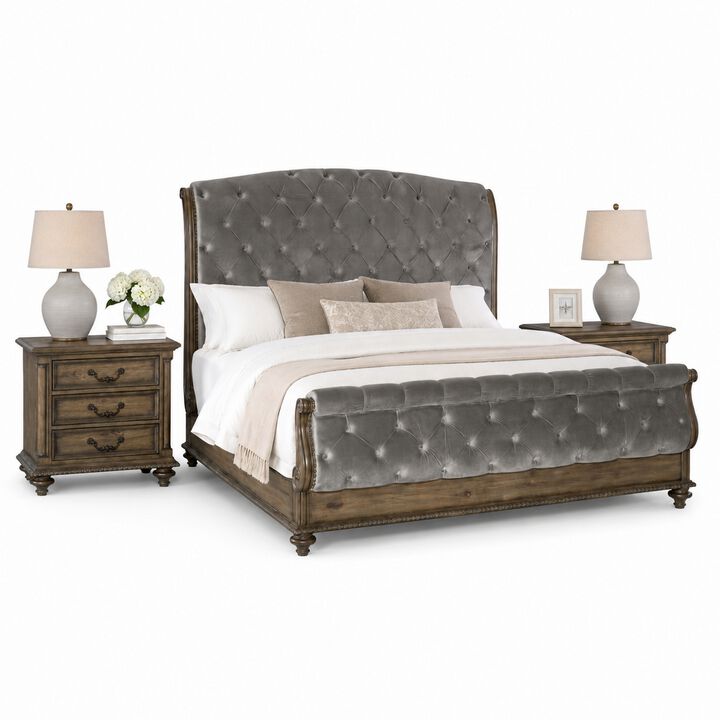 Queen Bedroom Set, Gray, Brown Wood, 3 Piece Set with 2 Nightstands