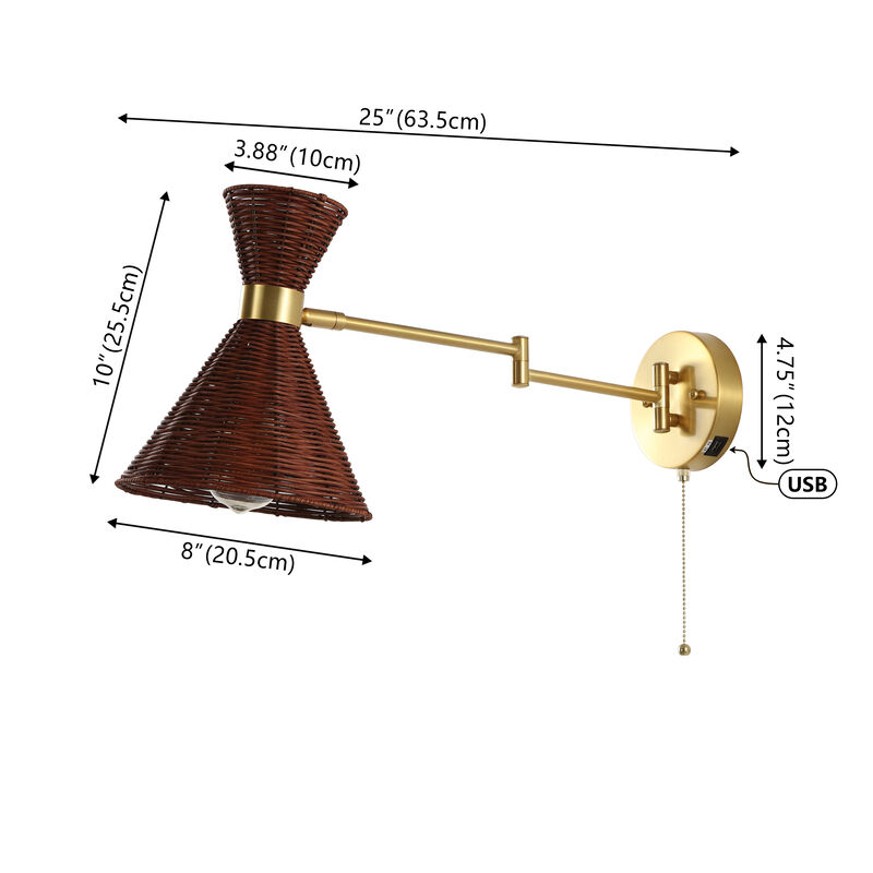 Lily 25" 1-Light Mid-Century Vintage Retro Rattan/Metal USB Charging Swing Arm LED Sconce with Pull Chain, Light Brown/Brass Gold