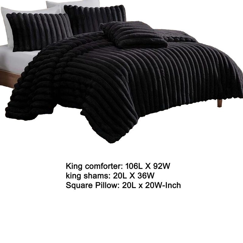 Sieno 4pc King Comforter Set, Shams, Black Faux Fur, Micro Mink Back
