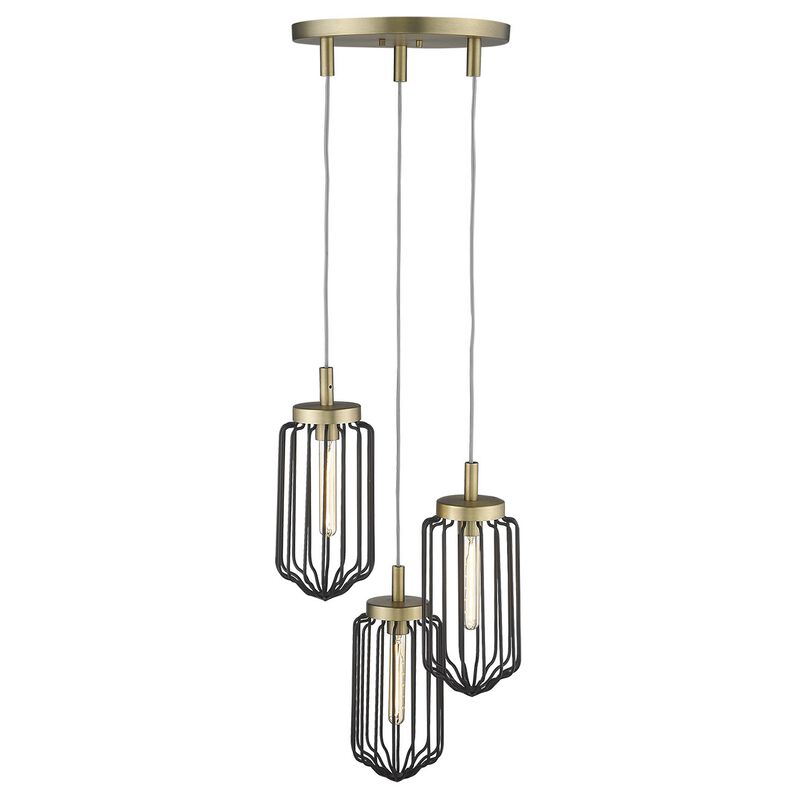 Hivvago Gold Caged Three Light Metal Dimmable Chandelier With Black Shades