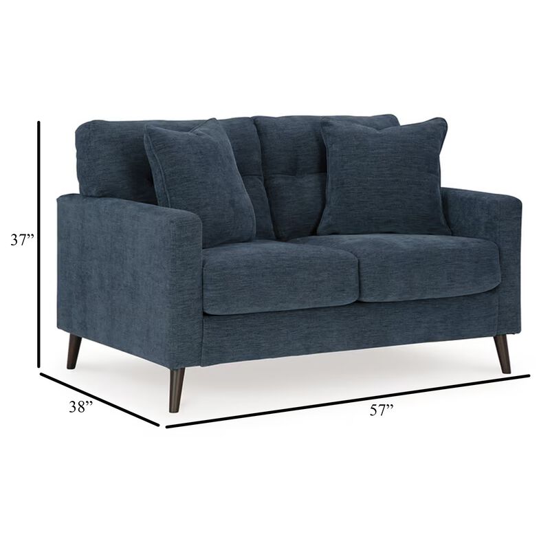 Bixy Loveseat, 57 Inch Dark Blue, Track Armrests, 2 Accent Pillows