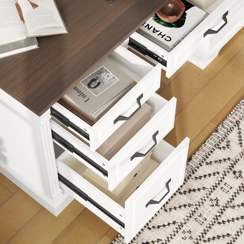 FUFU&GAGA Modern Office Desk with Five Drawers & Cabinet, White Frame & Deep Brown Wood Grain Top, Black Metal Handles, (59"W x 19.6"D x 29.9"H), White