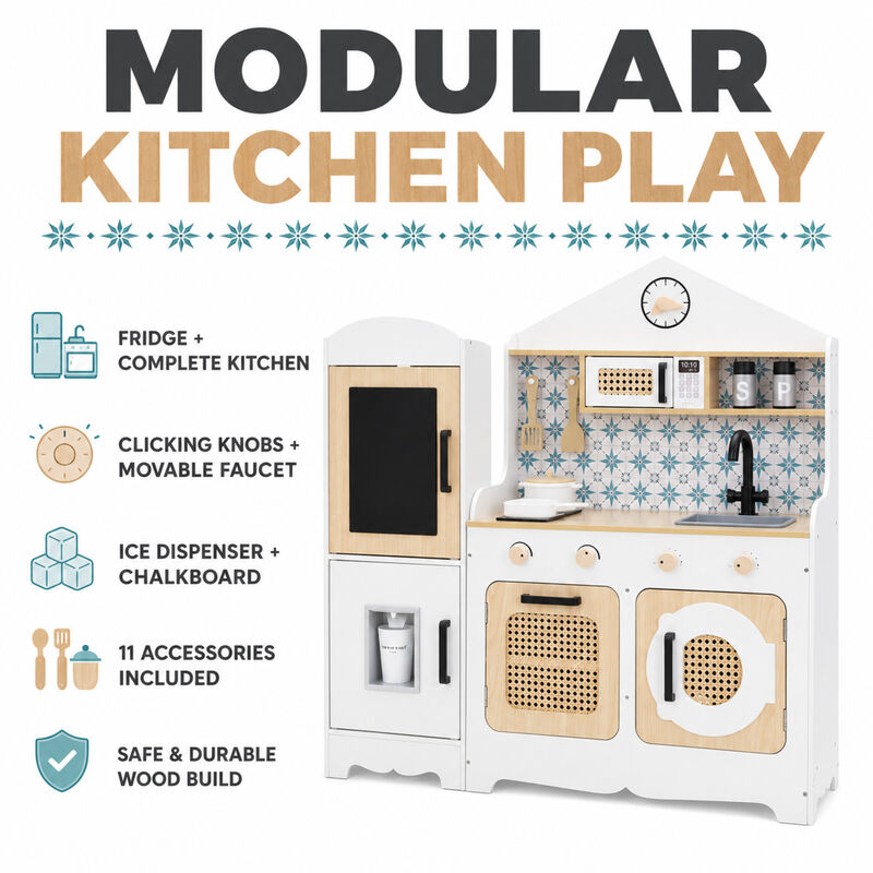 Teamson Kids Large Wooden Play Kitchen Set, White and Natural, Pretend Play kitchen, Fridge with Pretend Ice Dispenser with 11 Accessories, Little Chef Morocco image number 2