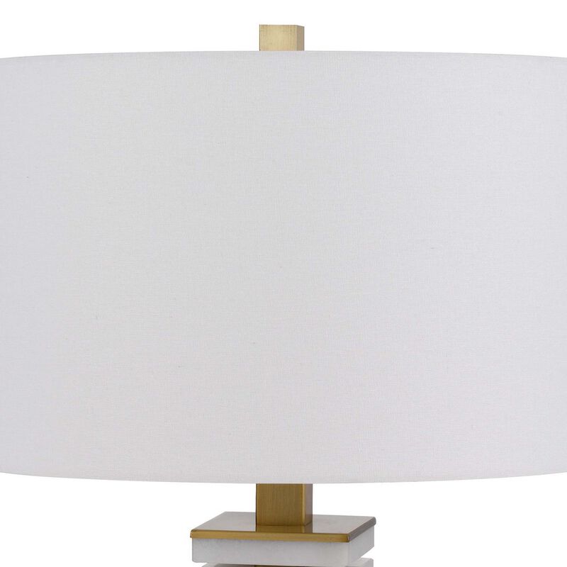 28 Inch Table Lamp, White Drum Hardback, Marble and Antique Brass Finish - Benzara