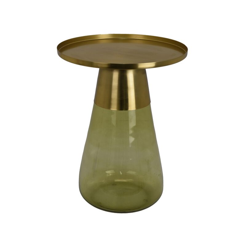Palio Plant Stand Accent Table, Round Gold Metal, Green Glass Tapered - Benzara