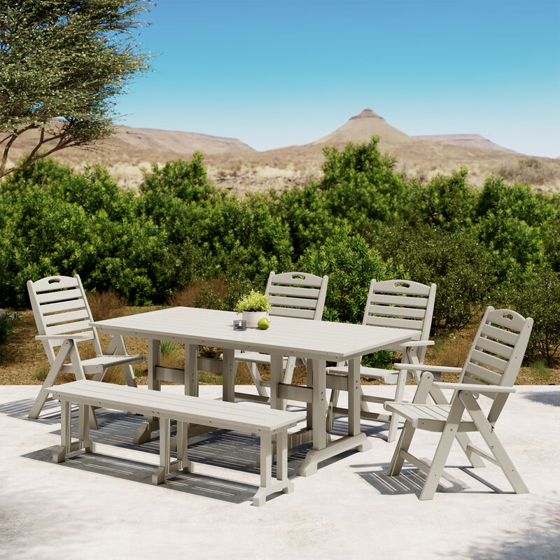 WestinTrends 6-Piece HDPE Rectangular Patio Dining Table Set with Foldable Chairs and Patio Bench