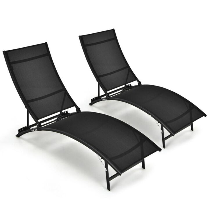 Hivvago 2 Pieces Patio Folding Stackable Lounge Chair Chaise with Armrest-Black
