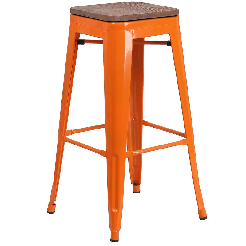 Flash Furniture Lily 30" High Backless Orange Metal Barstool with Square Wood Seat