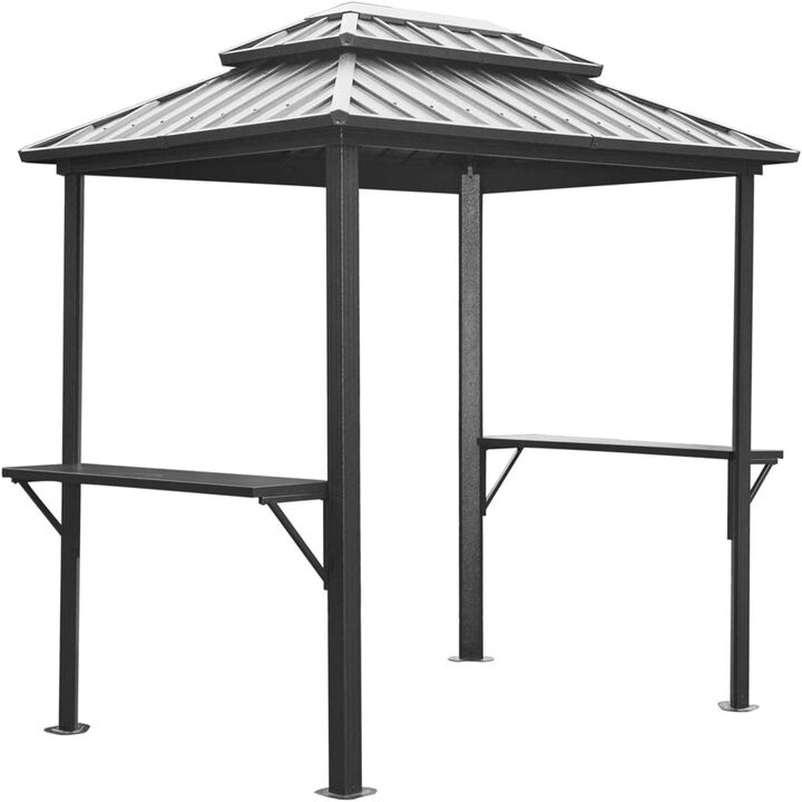 Grill Gazebo 8' x 6', Aluminum BBQ Gazebo Outdoor Metal Frame with Shelves Serving Tables, Permanent Double Roof Hard top Gazebos for Patio Lawn Deck Backyard and Garden (Grey)