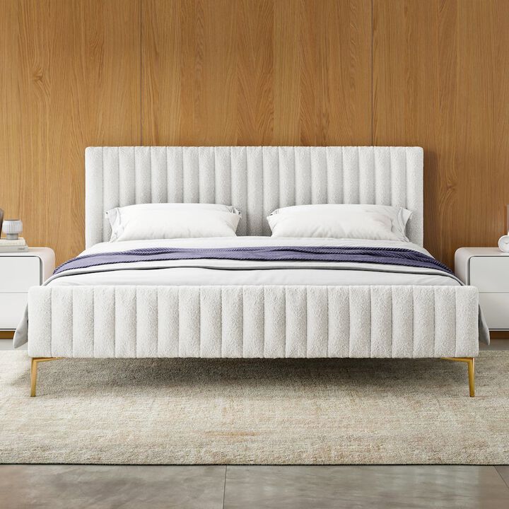 Omax Decor Julia Upholstered Modern Fabric King Platform Bed in White Boucle