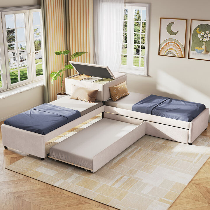 Merax L-Shaped Twin Upholstered Platform Bed with 3 Beds, Built-in Table & Storage Drawers